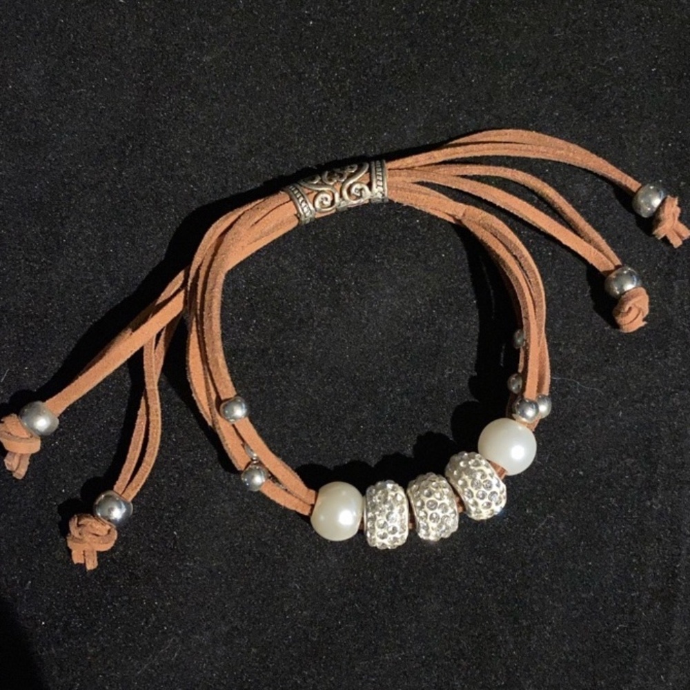 Multiple Strands Brown Leather Cord Beaded Bracelet Boho Style Sliding Beads